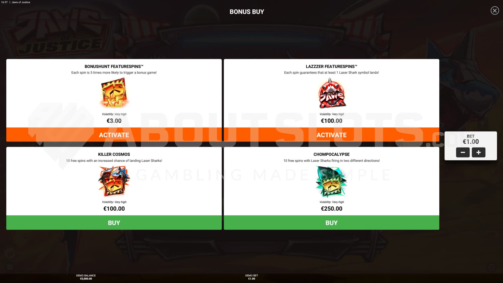 There are 2 FeatureHunts and 2 Instant bonus game activations to choose from in the feature buy