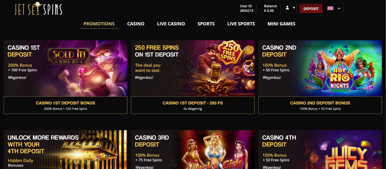 JetSetSpins Casino bonus page displaying multi-part welcome offers, free spins promotions, cashback deals, and ongoing player rewards in a modern casino interface.