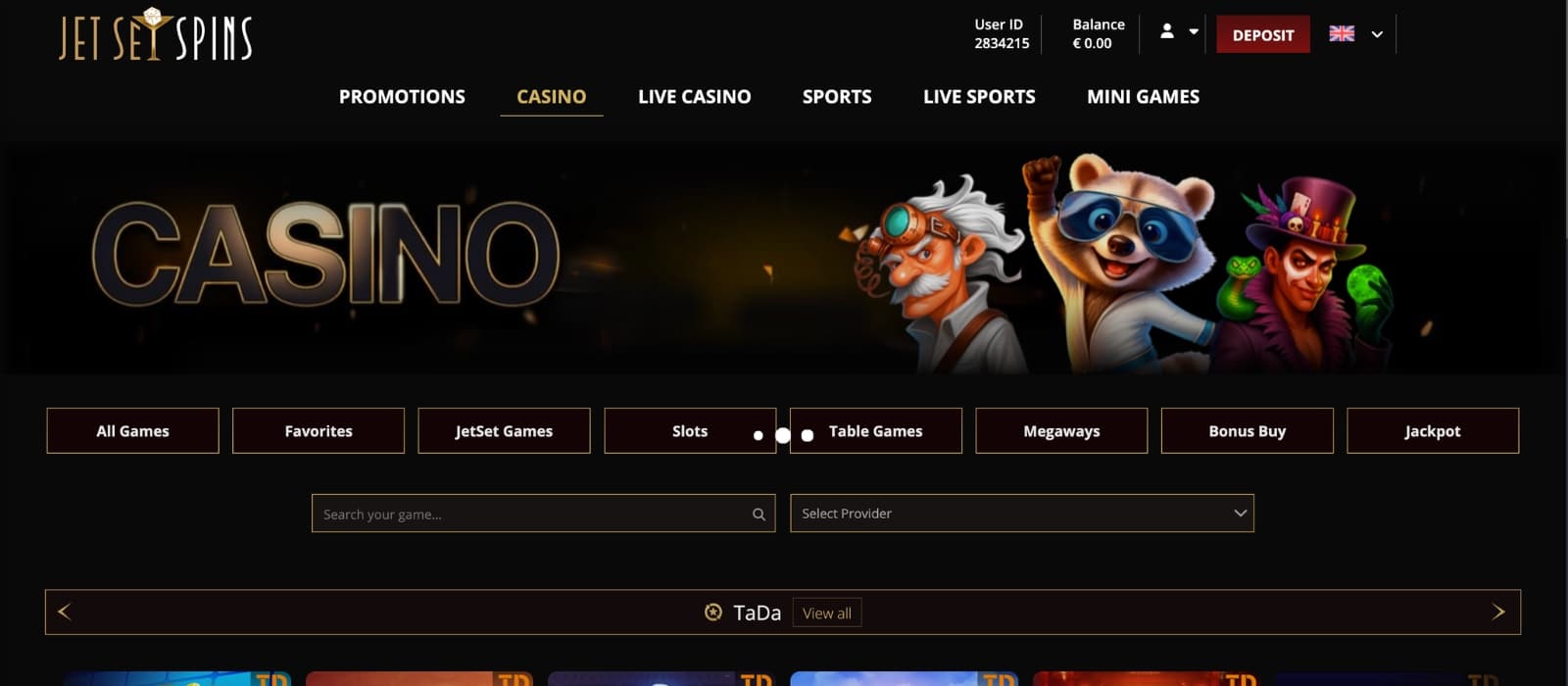 JetSetSpins Casino game page showcasing online slots, live casino titles, and featured games with colorful thumbnails, provider filters, and category navigation in a sleek layout.