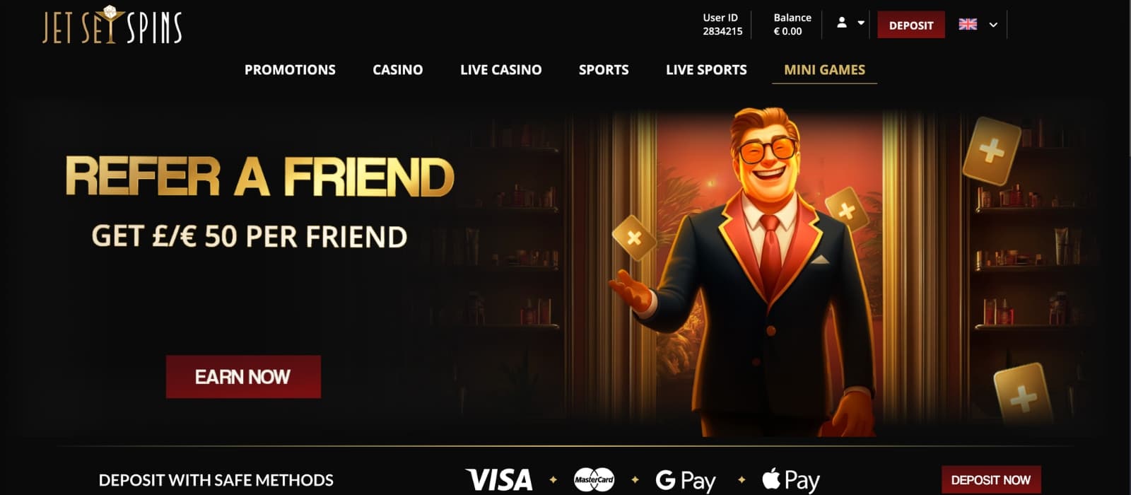 JetSetSpins Casino homepage featuring a travel-inspired casino design with promotional banners, featured slot games, jackpot highlights, and navigation for casino and sportsbook categories.
