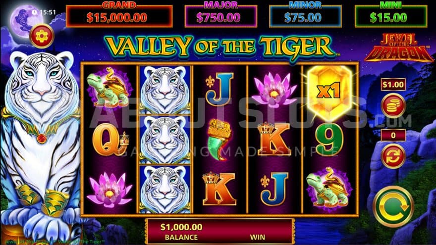 A white tiger sits next to the playing grid