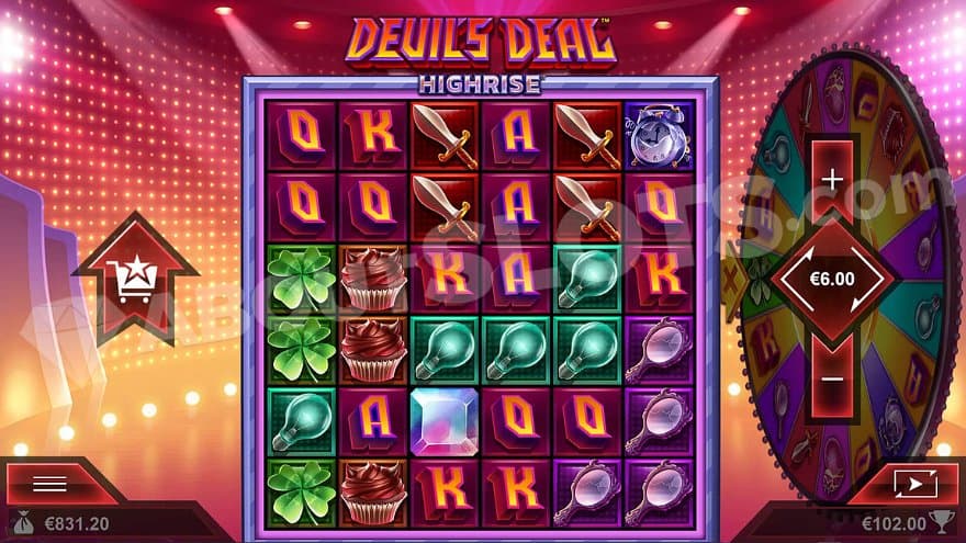 A casino slot in a game show setting with the Devil's Deal logo on top.