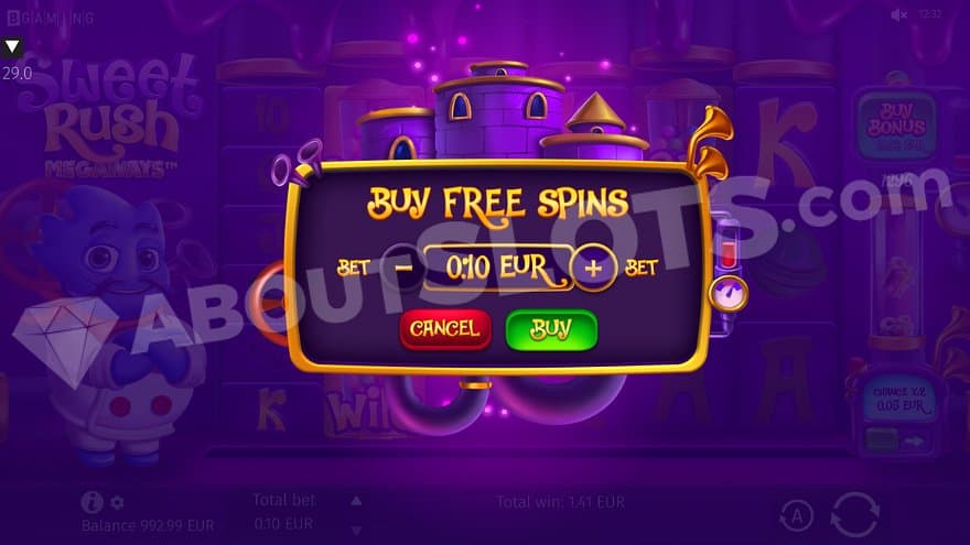 A menu where the player can buy the free spins for 100X the bet.