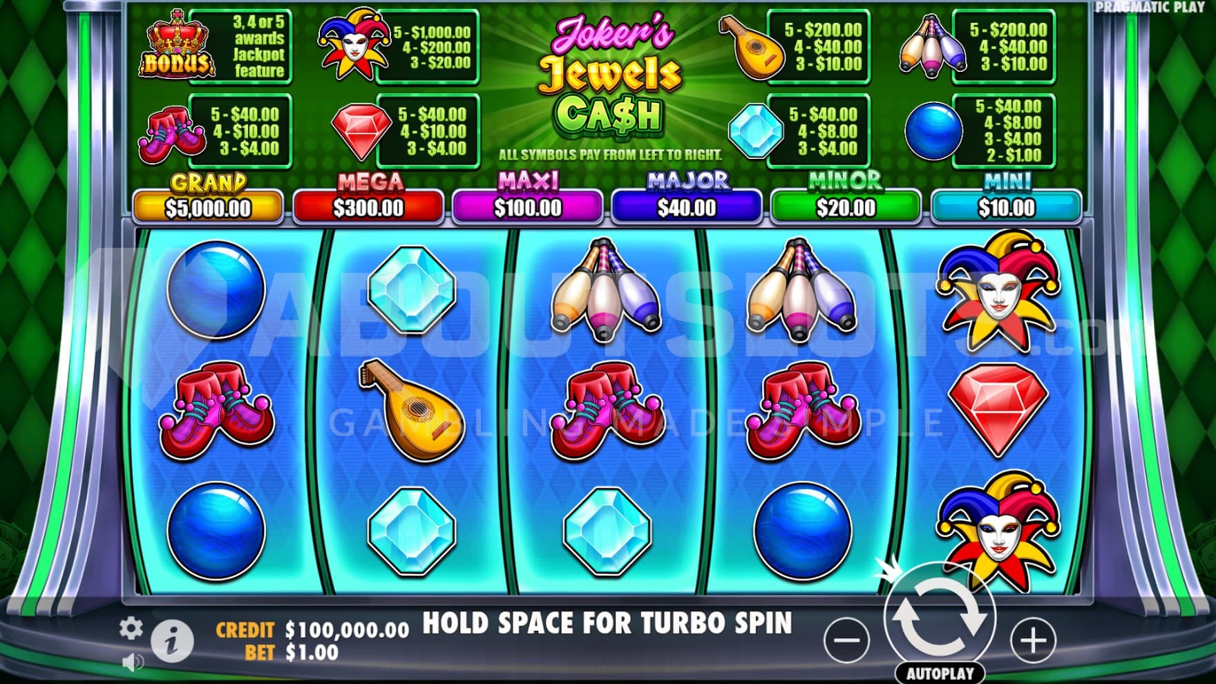 Paylines and prizes are shown above the reels