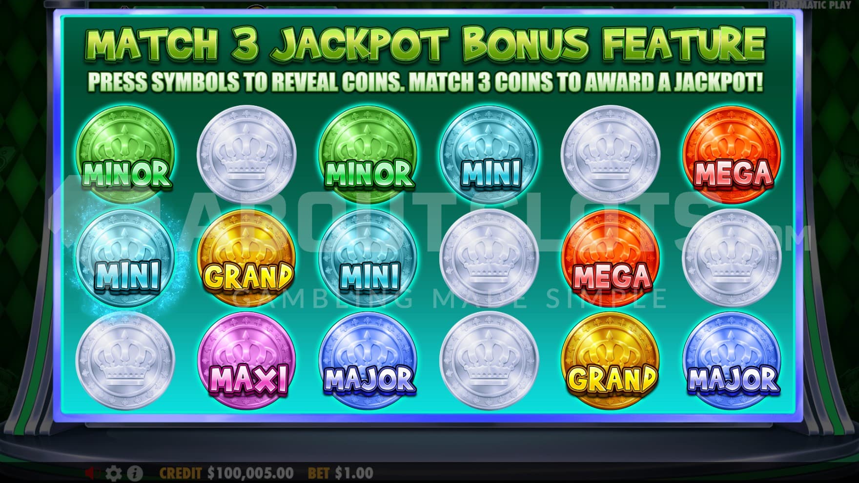 The jackpot bonus game with multiple flipped over coins