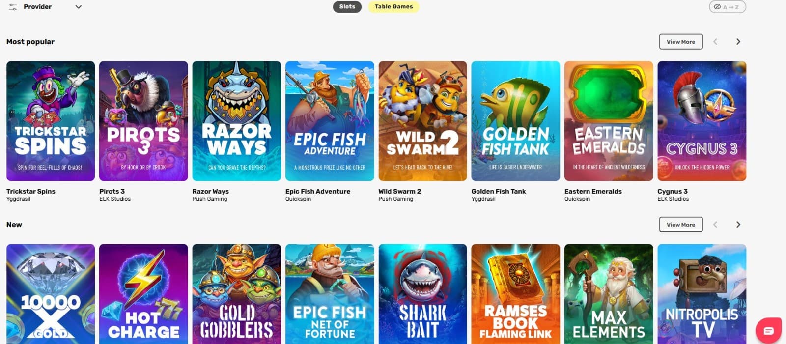 The games section of Just Spin Casino displays the most popular slot games, such as Trickstar Spins, Pirots 3, and Starburst.