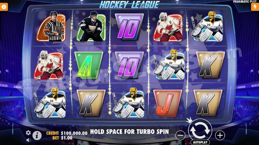 Base game with hockey players on the reels.
