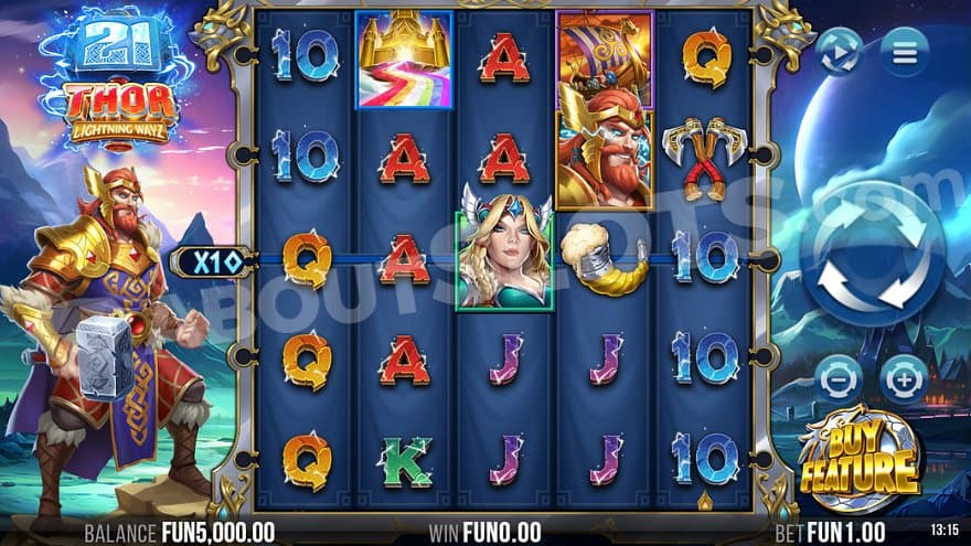 Five casino slot reels in a natural landscape with Thor to the left.