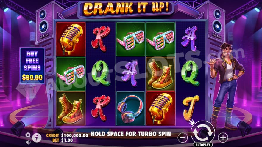 Base game with a guy standing on the right of the reels.