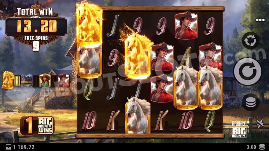 Golden Bronco horses on reels 1 and 3 in the Free Spins.