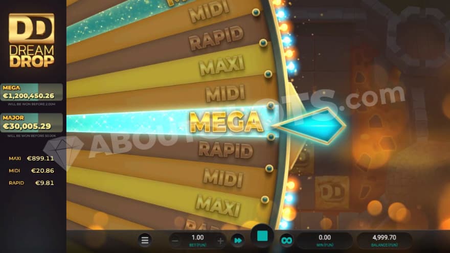 Dream Drop Bonus being active, with a Mega Win being obtained from the spinning wheel.