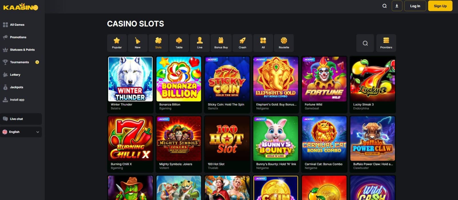 The games page of Kaasino displays the popular slot games,such as Winter Thunder, Bonanza Billion, and more.