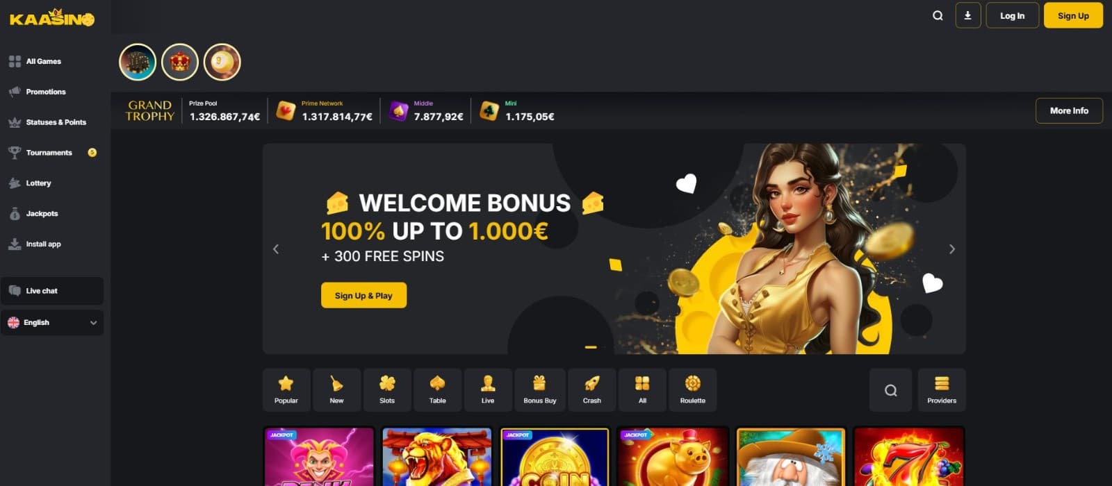 The landing page of Kaasino presents the welcome bonus up to 1000 euros and 300 free spins.