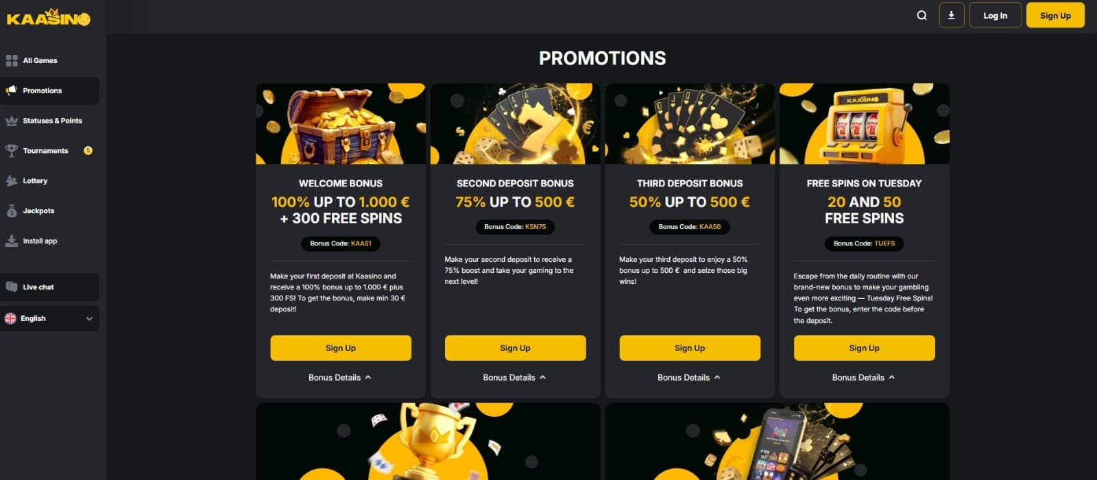 The promotions page of Kaasino displays a wide selection of casino bonuses including the welcome bonus across the first three deposits.