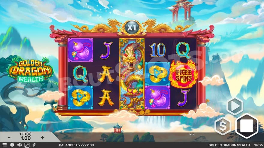 Base game where you can see one expanded wild symbol on the middle reel.