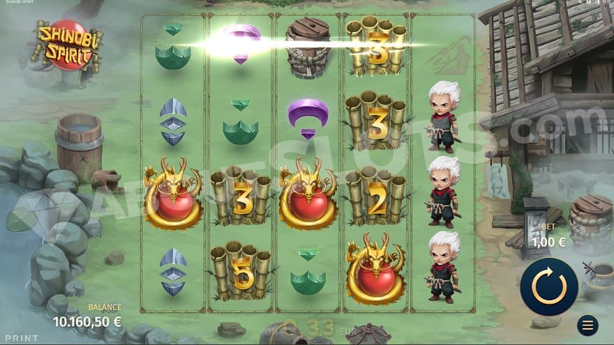 Five reels with four reels in a Japanese landscape.