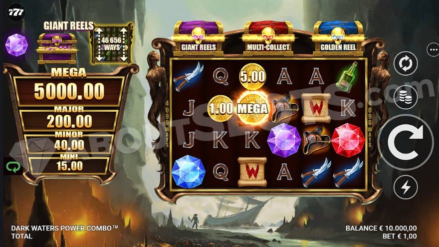 A casino slot in a bay with a pirate ship.