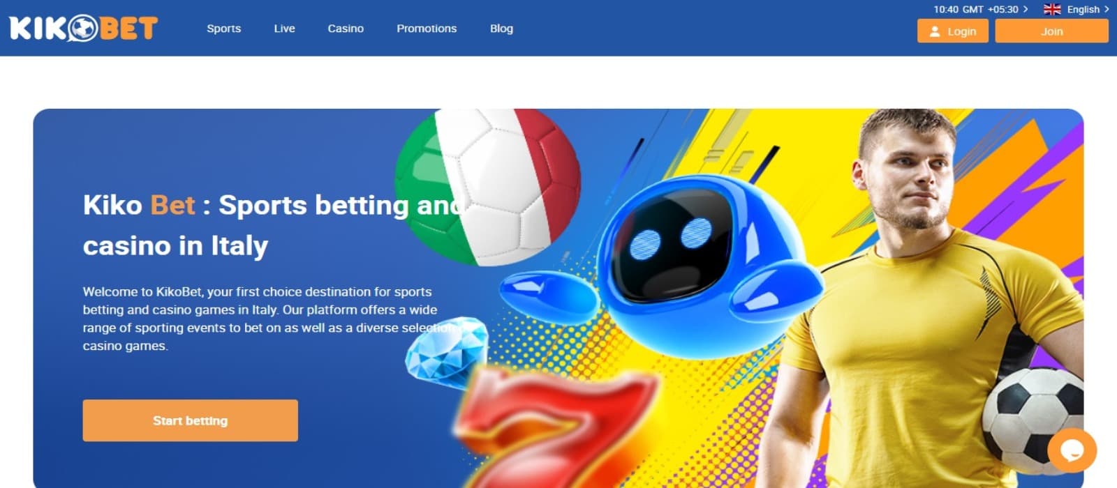 KikoBet Casino landing page with the sports betting games banner and top navigational menus