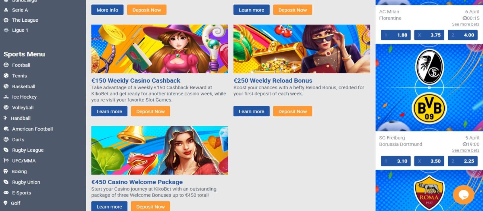 KikoBet Casino promotions page with the various bonus offer banners and side navigational menus