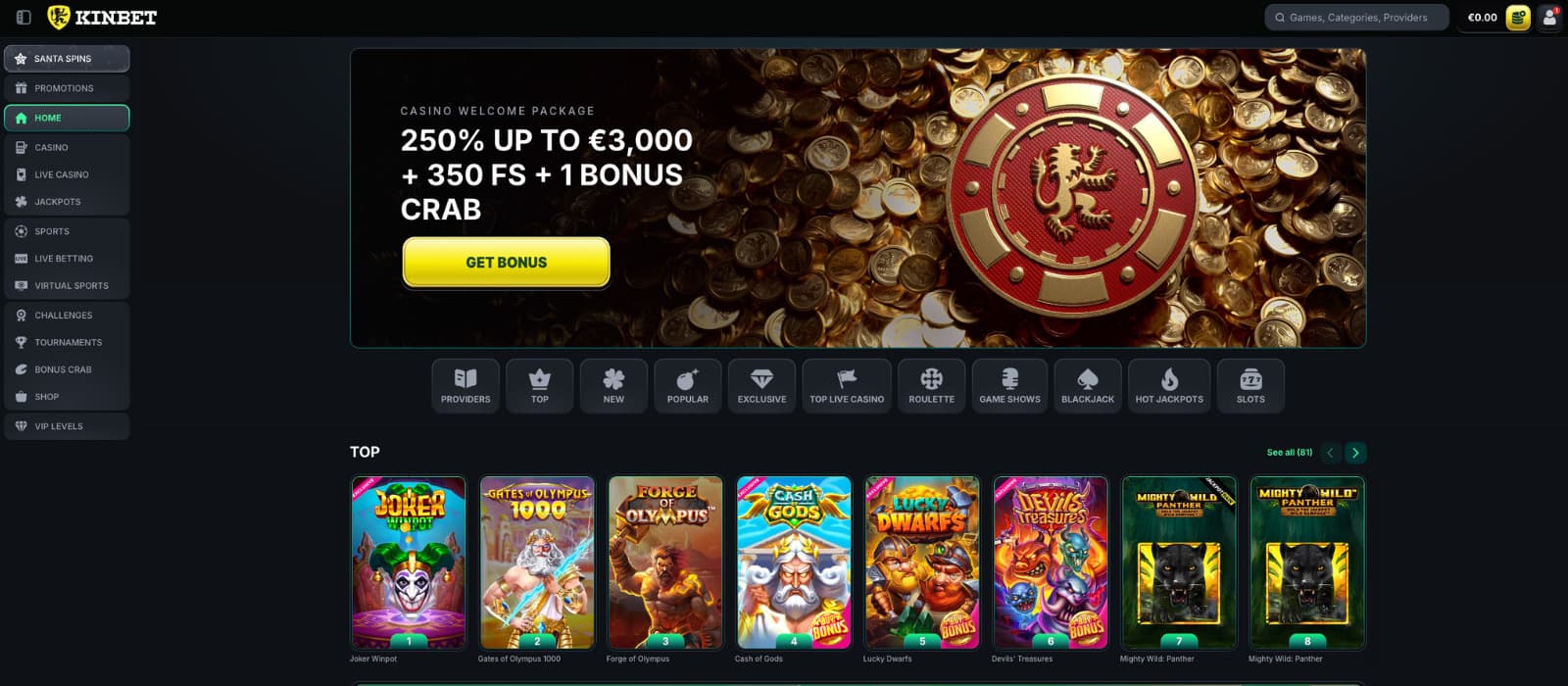 Kinbet Casino homepage showing the welcome bonus banner and featured slot games on the main lobby.
