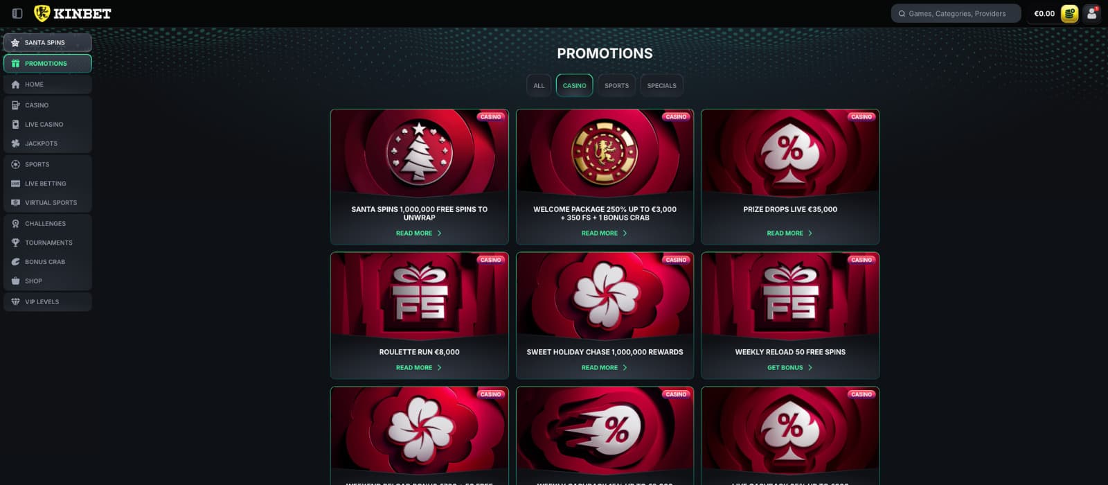 Kinbet Casino promotions page featuring the welcome package, prize drops, free spins offers, and weekly reload promotions.