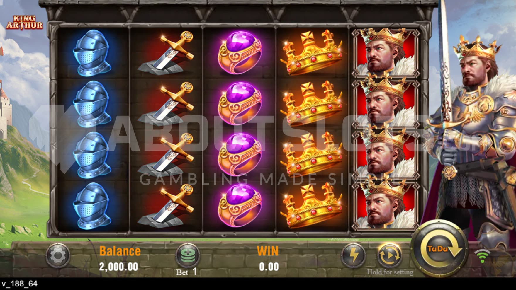 King Arthur himself stand to the right of the reels with Excalibur in his hands