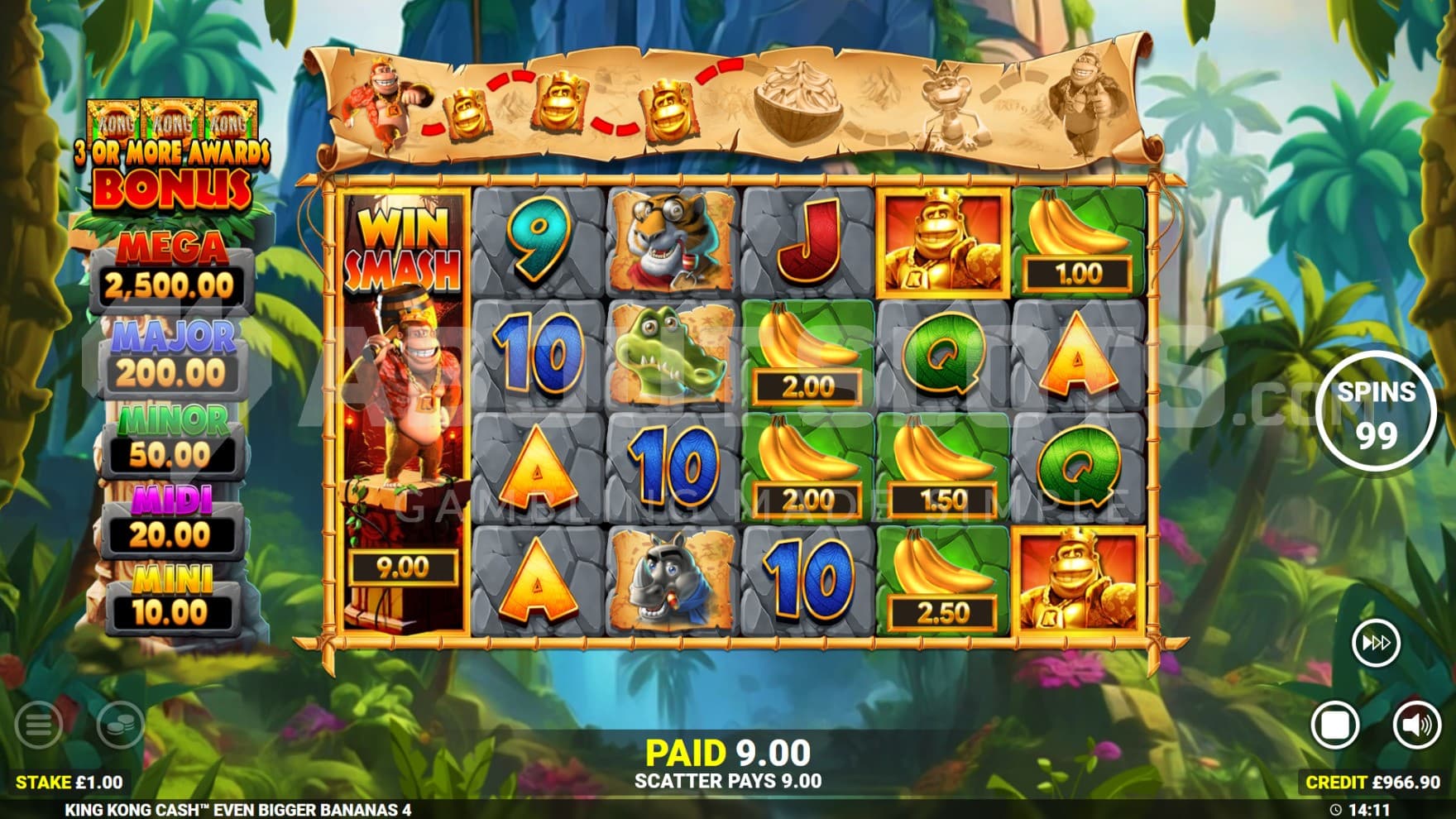 A Smash Collect symbol has landed and added extra cash symbols to the reels