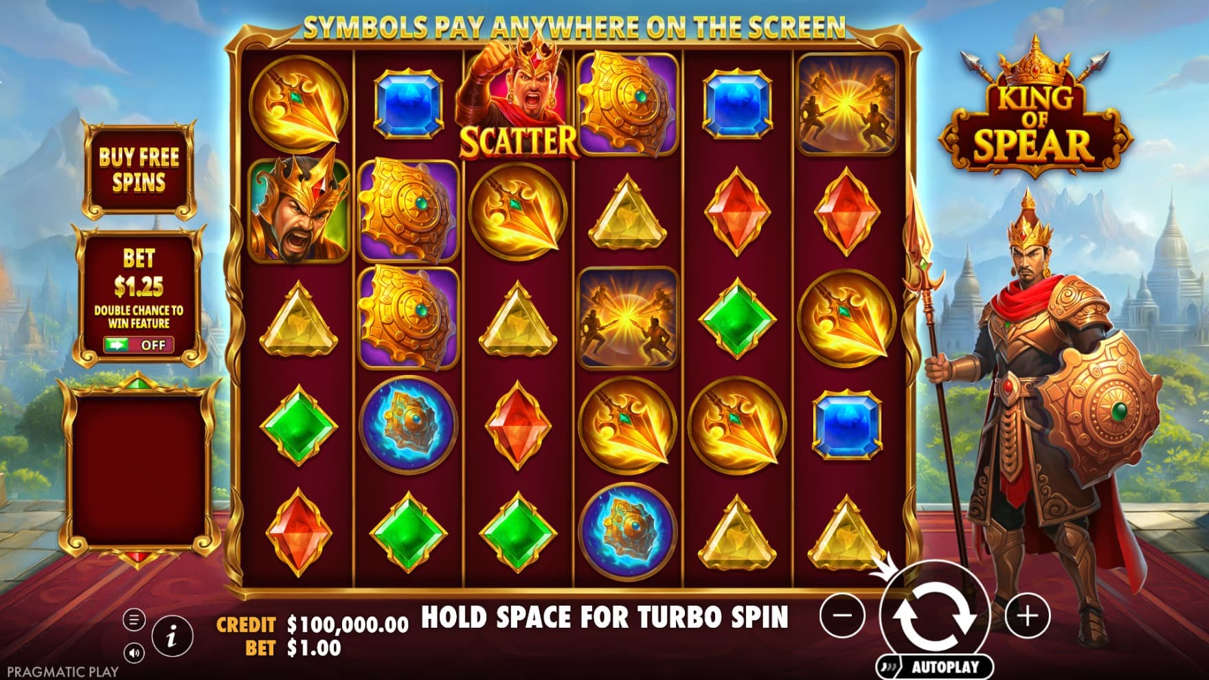 The titular King of Spear stands next to the reels, weapon in hand