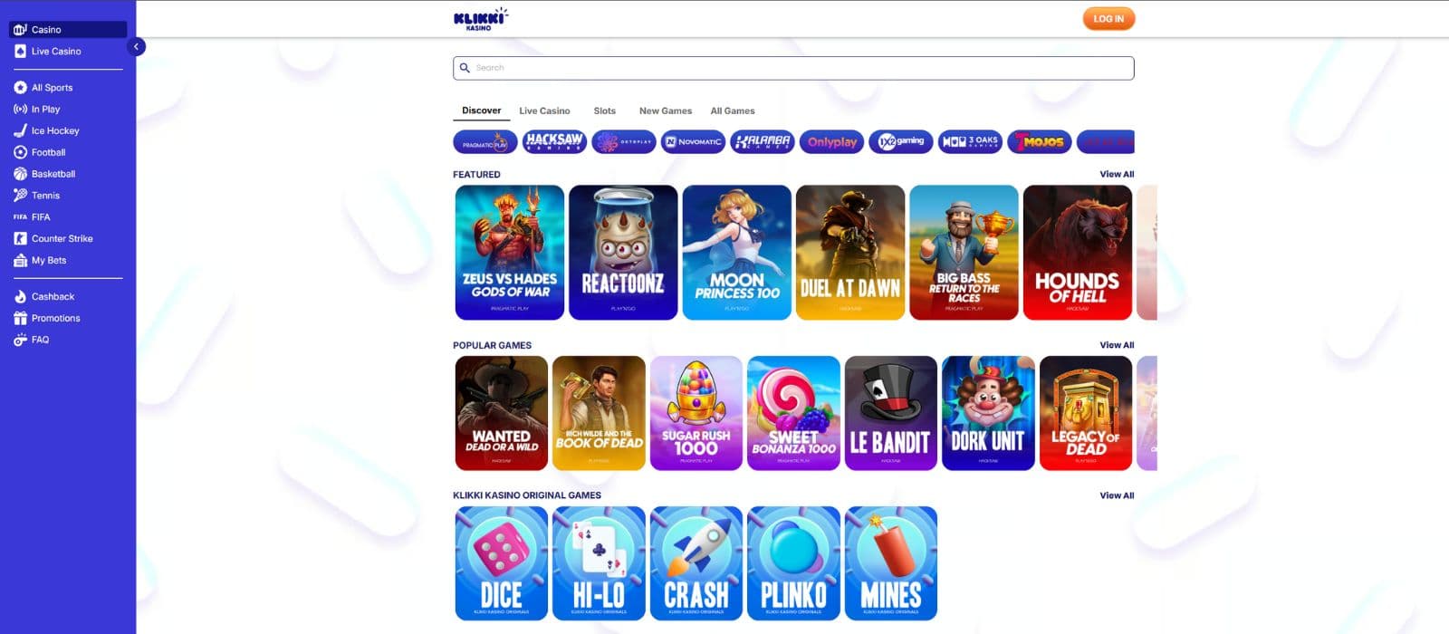 Klikki Kasino games page showing some selected slots and the search function for games