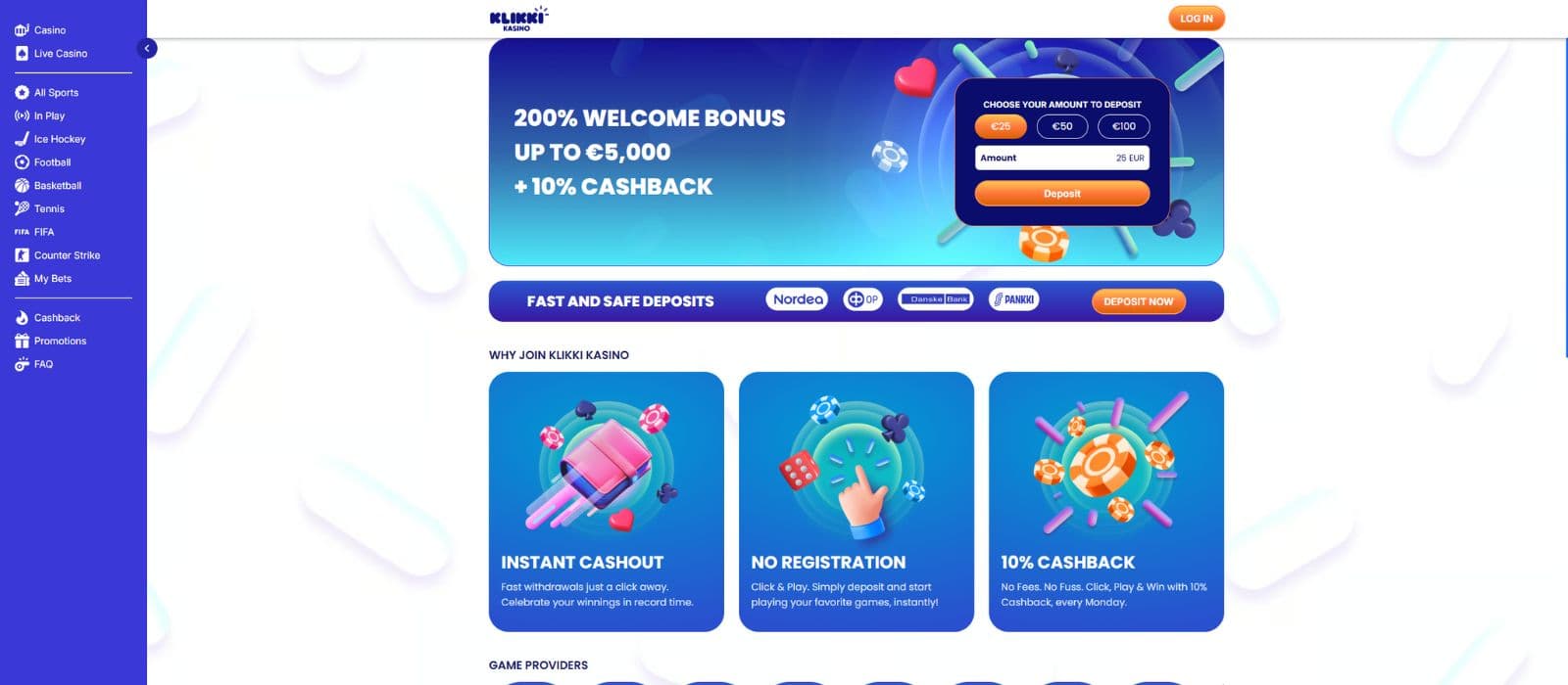 Klikki Kasino landing page showing the welcome bonus offer, payment method and the main menu on the left side