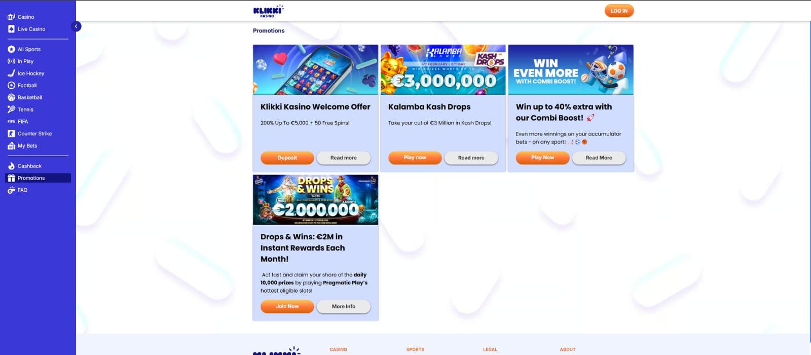 Klikki Kasino promotions pages with the available bonuses and promotions