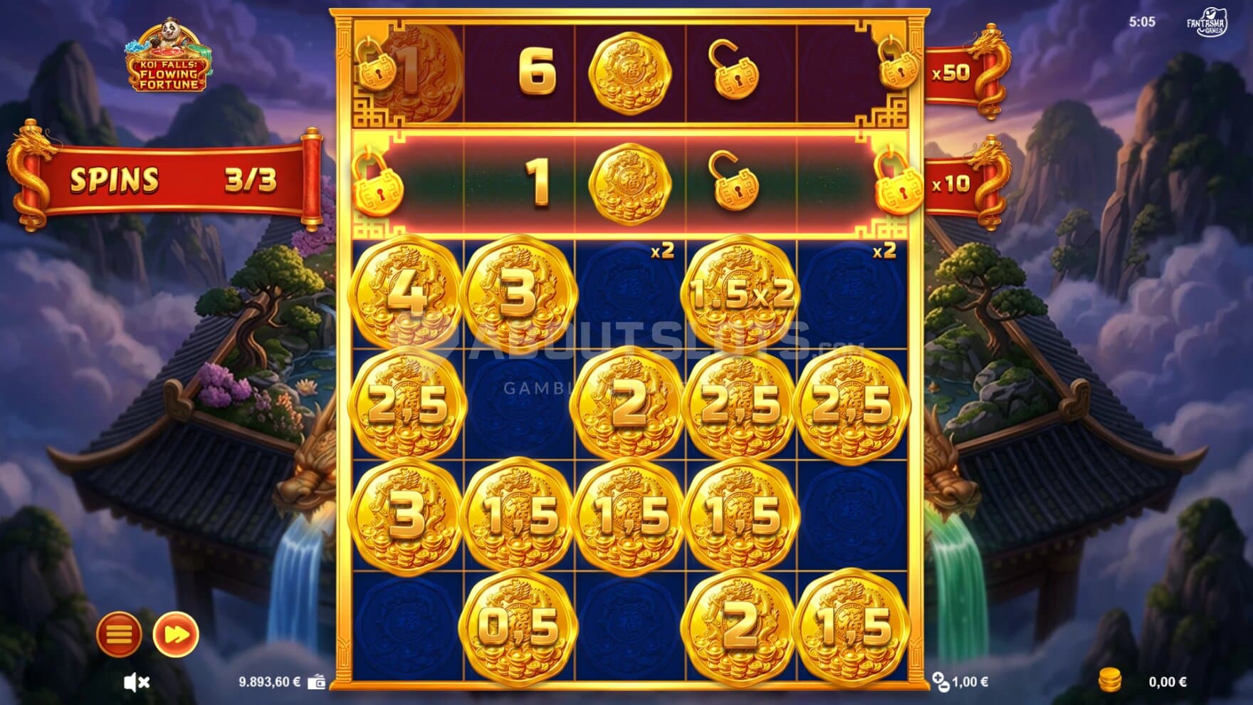 The Coin Bonus Game opens up more and more as you land Coin Symbols, awarding Multipliers per row
