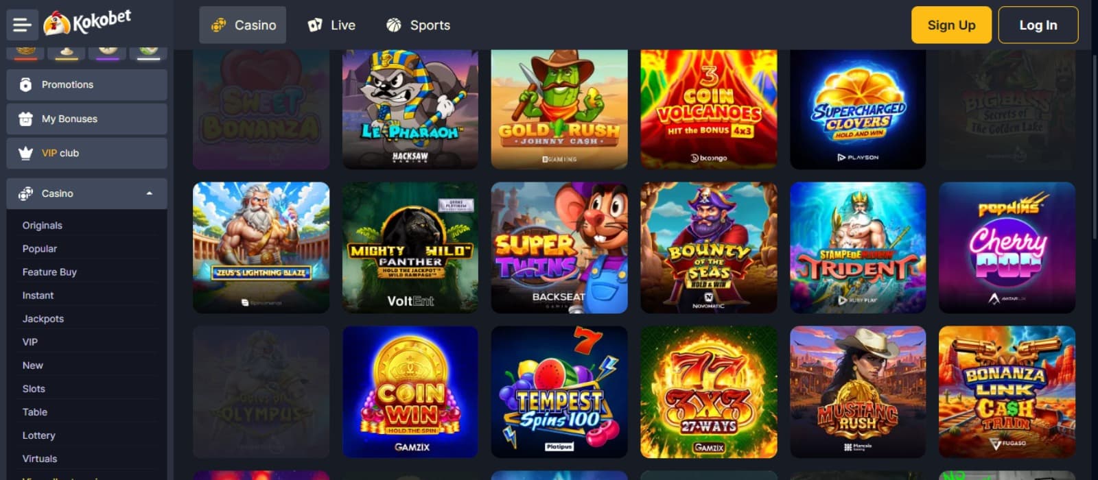 Kokobet Casino games page with the slot game icons and side navigational panel