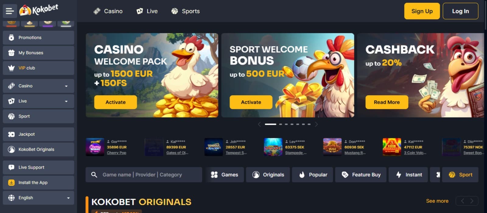 Kokobet Casino landing page with the welcome bonus and cashback offer banners and side navigational panel