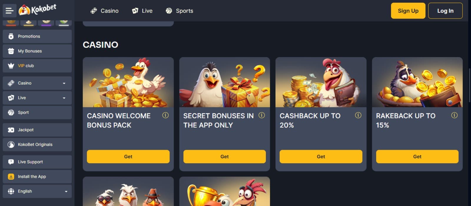 Kokobet Casino promotions page with the bonus offer banners, and side navigational menus