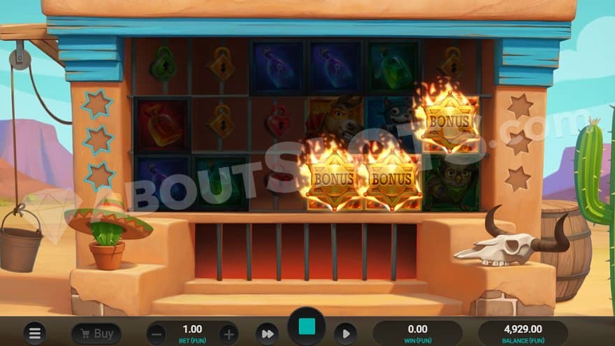 Three sheriff star Scatter Symbols trigger the free spins.