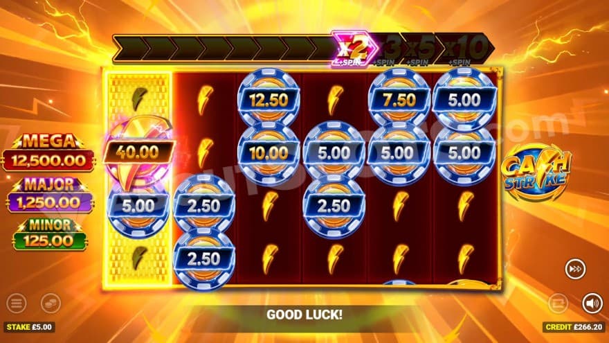 Cash Strike bonus game with various cash symbols on the reels.