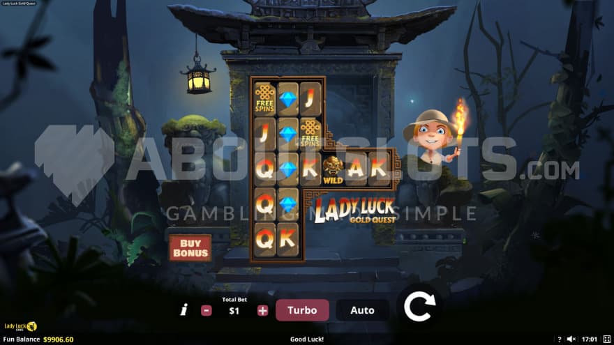 The base game set inside a dark jungle with Lady Luck hiding next to the reels