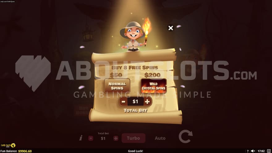 Lady Luck holding a sign infront of the reels with the Feature Buy options