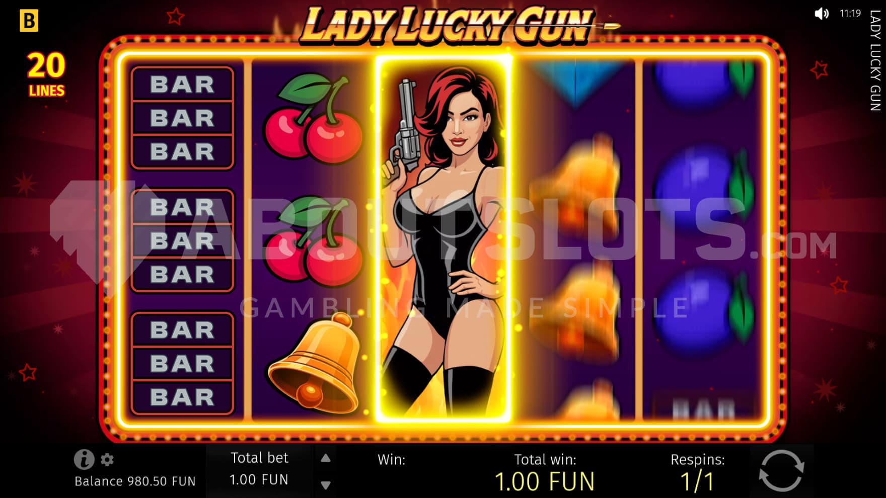 Lady Lucky Gun shows up as an expanded Wild Symbol and kickstarts the Respins feature