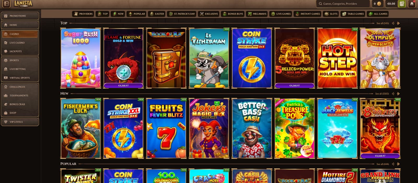 Lanista Casino slots lobby featuring popular games like Sugar Rush 1000, Coin Strike, Hot Step, and Gates of Olympus
