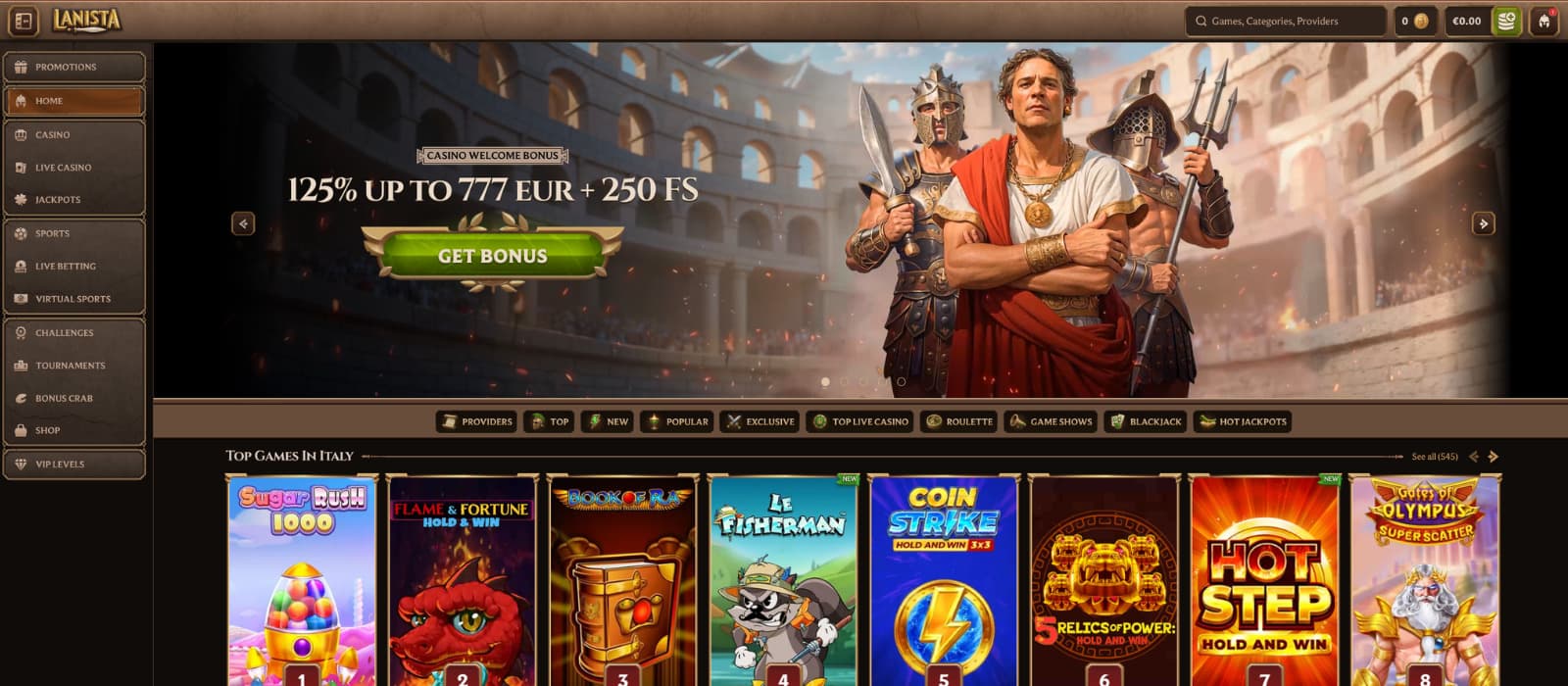 Lanista Casino homepage displaying 125% up to €777 welcome bonus with 250 free spins and Roman gladiator themed design
