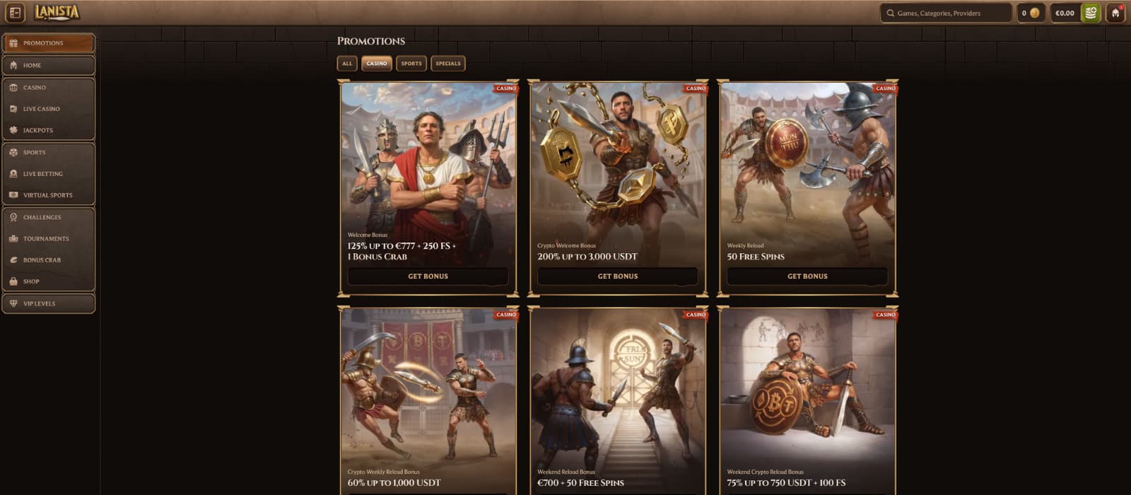Lanista Casino promotions page showing welcome bonus, crypto bonus offers, weekly reload free spins, and weekend bonus deals