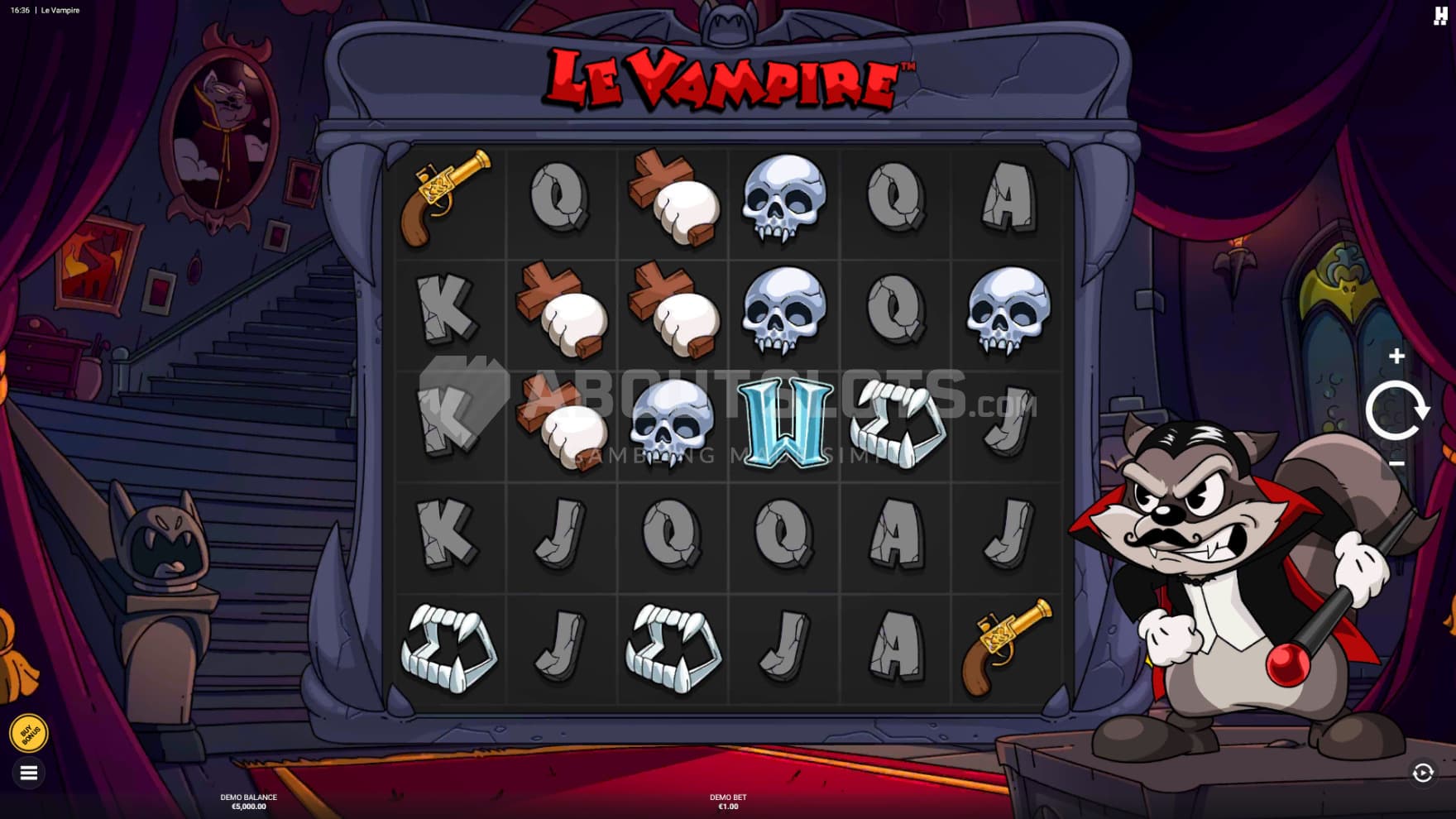 The dastardly dressed vampire Smokey stands next to the playing grid, dropping his famous lines as you spin