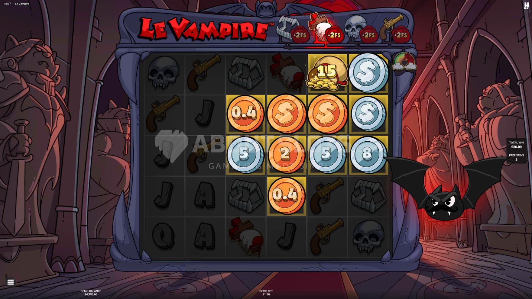 Smokey turns into a bat during the free spins and shows us more of the dark mansion, as well as a few extra bonuses spread into the game during the free spins