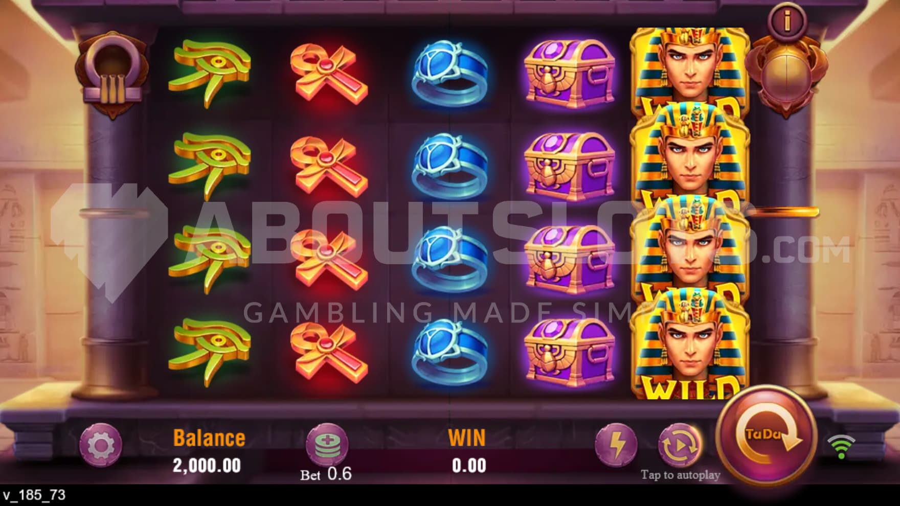 The playing grid is set inside an ancient tomb, filled with various artifacts on the reels