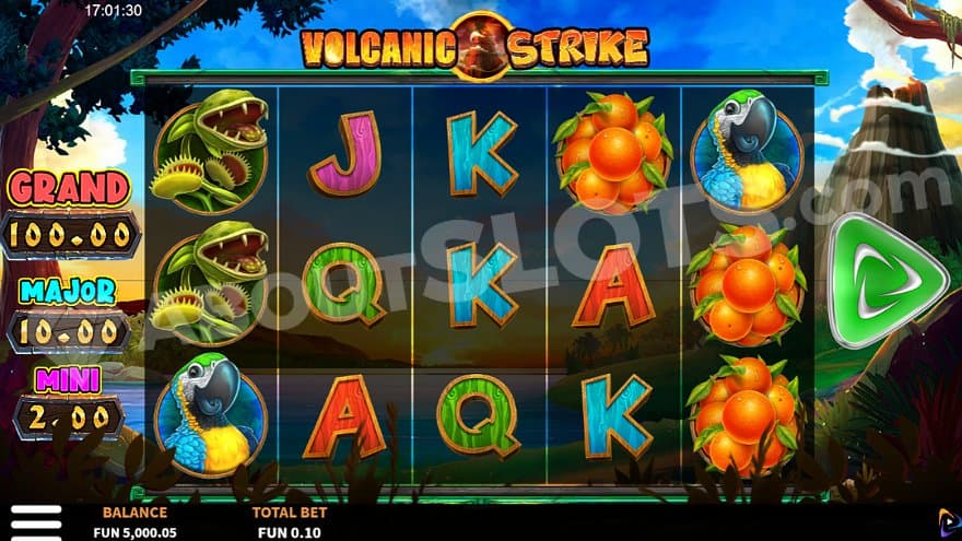Five reels in an exotic setting with a volcano in the upper right corner.