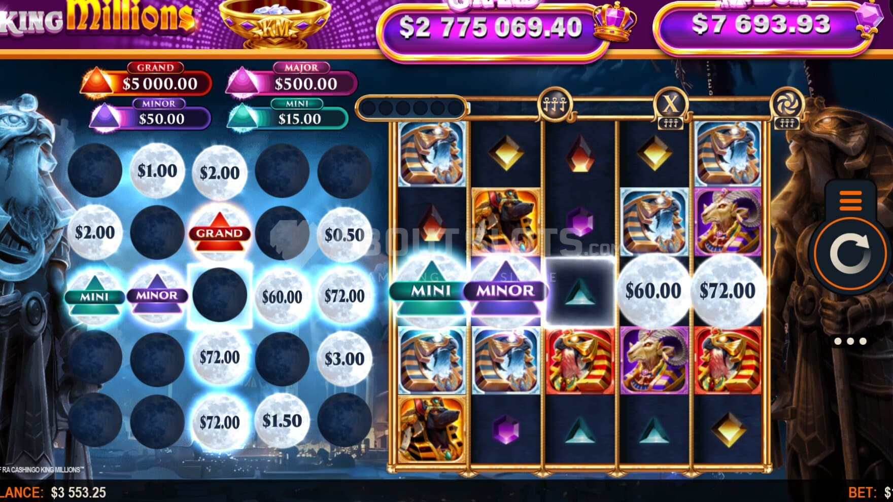 Pictured is an almost full Cashingo board, nearly making two paylines full of Cash Prizes and Jackpots