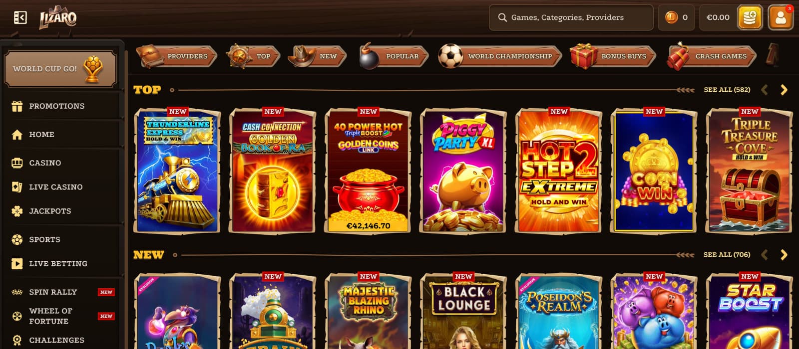 Lizaro Casino games page displaying the casino lobby with top and new slot games, category filters, provider navigation, and sportsbook menu optio