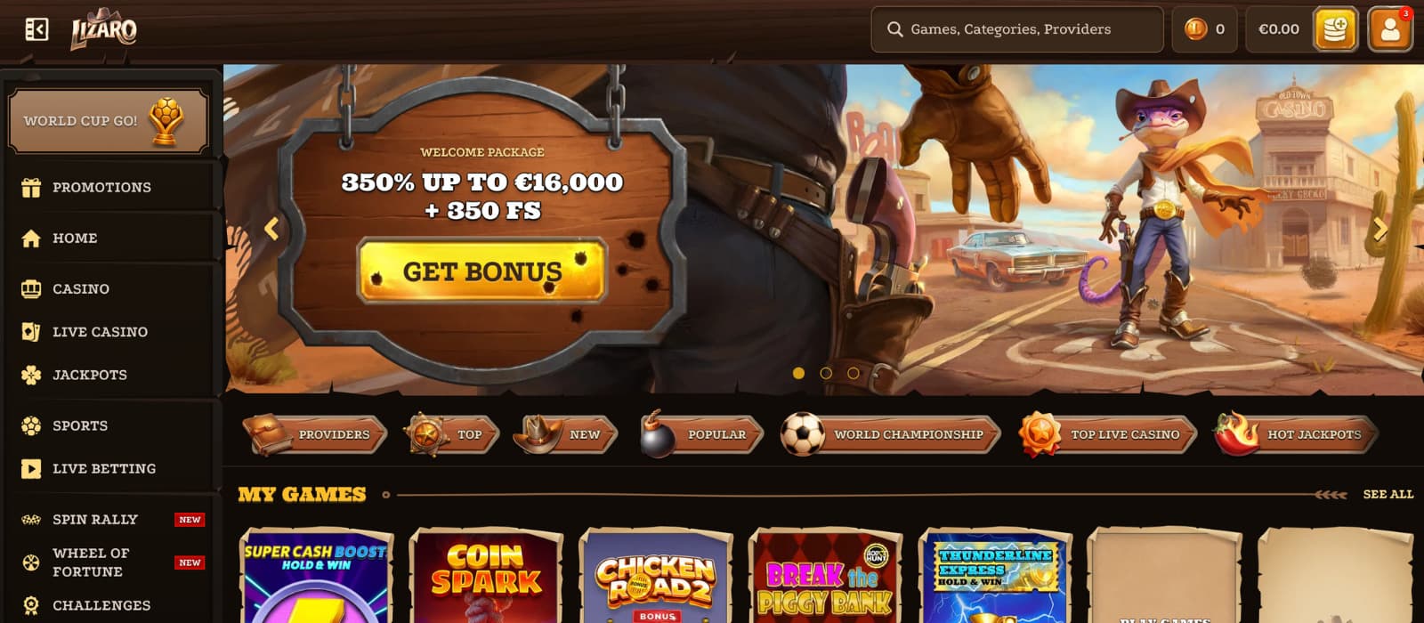 Lizaro Casino landing page displaying the western-themed homepage, welcome bonus banner, game navigation filters, and featured casino content.